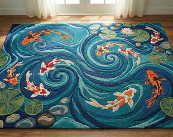 Hand Tufted Wool Koi Pond Rug – Japanese Garden Area Carpet booking now