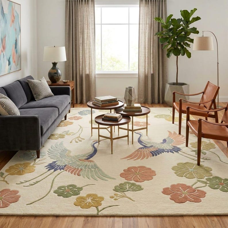 Hand Tufted Wool Rug: Japanese Crane Cherry Blossom Design, Living Room ...