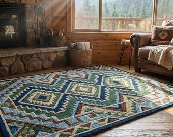 Hand Tufted Wool Rug, Southwestern Geometric Tribal Aztec Pattern, Rustic Lodge Decor