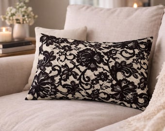Fronha de almofada floral de renda preta, capa de almofada boho, decoração vintage para quarto, almofada cottagecore, presente romântico para ela.