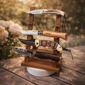 May include: A wooden display stand holding three knives with different handle designs. The top knife has a light-coloured handle with a textured pattern. The middle knife has a wooden handle, and the bottom knife has a dark handle with a decorative metal design.