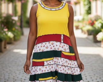 Upcycled Patchwork Midi Dress XL | Handmade Tiered Boho Dress | Colorful Cottagecore Sundress | One-of-a-Kind Reworked Vintage Dress