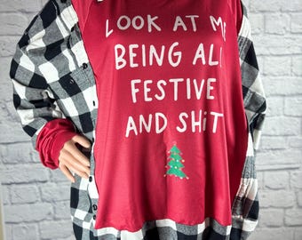 Upcycled Look At Me Being All Festive Flannel Tshirt Mashup Top Stitched with Recycled Patchwork One of a Kind One Size made by S Threads