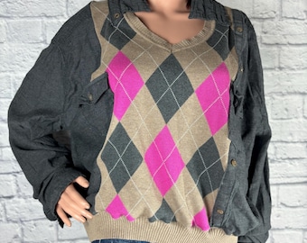 Upcycled  Crop Mashup Button Up and Sweater Top Stitched with Recycled Patchwork Open Fit to size 2X made by S Threads