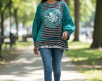 Upcycled Black Octopus Graphic Top XL | Boho Coastal Patchwork Shirt | Handmade Mixed Fabric Tunic | Oversized Striped & Teal Blouse