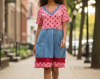 Upcycled Star Print Jean Dress –  Pocket Skirt – Boho Maxi Dress – Sustainable Handmade Size XL One of a Kind