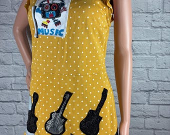 Upcycled Yellow Polkadot Monster Music Top Stitched with Recycled Patchwork One of a Kind Size Medium made by S Threads