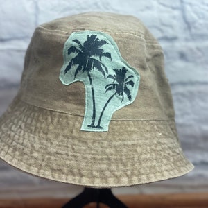 Upcycled Bucket Hat Blue Palm Trees One Size Fit by S Threads Boutique