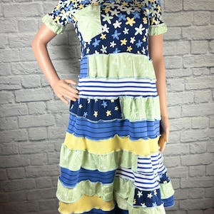 Upcycled Blue and Yellow Spiral Patchwork Dress Made with Recycled Materials One of a Kind Size Small Made by S Threads