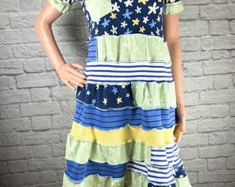 Upcycled Blue and Yellow Spiral Patchwork Dress Made with Recycled Materials One of a Kind Size Small Made by S Threads