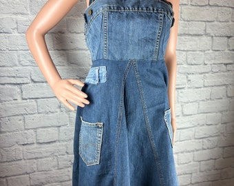 Upcycled Halter Jean Dress w Button up Collar Pockets Made with Recycled Patchwork One of a Kind Size Medium Made by S Threads