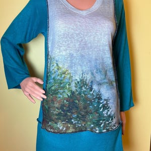 Upcycled Watercolor Forest Print Sweater Patchwork Dress Made with Recycled Materials One of a Kind Size Medium Made by S Threads