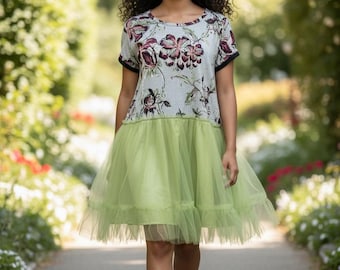 Upcycled Floral Tulle Dress XL – Whimsical Fairycore Dress – Floral Top with Green Tulle Skirt – Cottagecore Boho Dress – One of a Kind