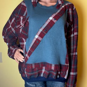 Maglione in flanella riciclata con cuciture superiori e doppie tasche patchwork riciclate, pezzo unico, taglia 2X, realizzato da S Threads