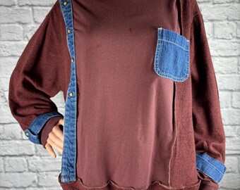 Upcycled Marino Wool Sweater Jean Tshirt Mashup Top Stitched with Recycled Patchwork One of a Kind Size 2X made by S Threads