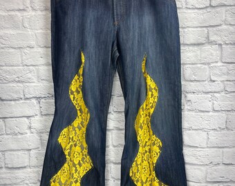Upcycled Patchwork Yellow Lace Squiggle Pants Comfy Size L/XL 14-16 Made by S Threads