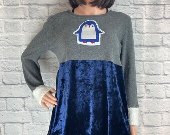 Upcycled Knit Sweater Stitched with Recycled Patchwork Penguin Velvet Fuzzy Cuffs One of a Kind Size M Made by S Threads