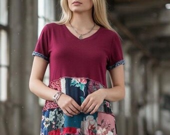 Handmade Upcycled Dress | Recycled Fabric Patchwork Dress Size Medium | Sustainable Fashion Made by SThreads