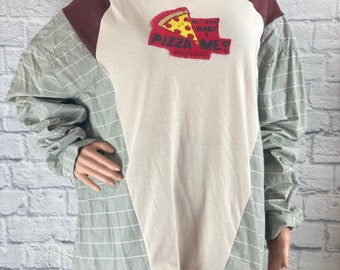Upcycled Baseball Tee Dress Shirt Shirt Mashup Oversized Do You Wanna Pizza Me w Recycled Patchwork One of a Kind Size OS made by S Threads