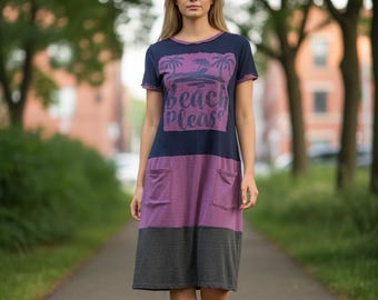 Beach Please Graphic Color Block T-Shirt Dress – Size Small – Casual Summer Dress – Upcycled Boho Lounge Dress – Purple Navy S Threads