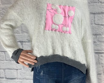 Upcycled Knit Sweater Stitched with Recycled Patchwork Poodle One of a Kind Size L Made by S Threads