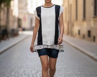 Upcycled Tuxedo Tshirt Mashup Size Large Style Top Stitched with Recycled Patchwork Mustache Print made by S Threads