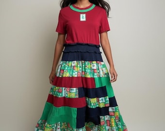 Upcycled Christmas Twirl Dress Made with Recycled Patchwork One of a Kind Size Medium Made by S Threads