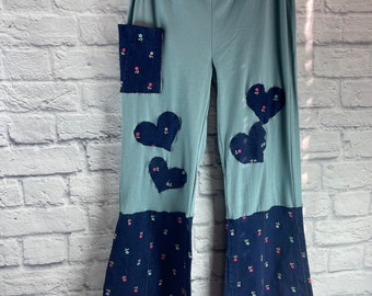 Upcycled Yoga Patchwork Pants Jean Hearts Comfy Size L Made by S Threads