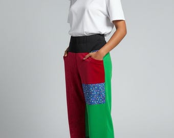 Recycled Upcycled Christmas Print Patchwork Pants with Recycled Fabrics made by S Threads size Large