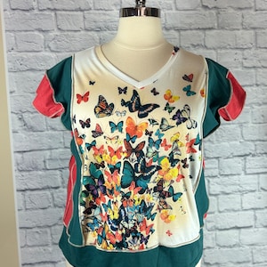 Upcycled Butterfly Pattern, Butterfly Style Top Stitched with Recycled Patchwork Open Fit to size 2X made by S Threads