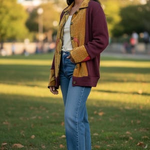 Puede incluir: Una mujer con una rebeca burdeos con detalles mostaza y estampados. También lleva una camiseta blanca, vaqueros azules y zapatillas blancas. El fondo es un parque con hierba verde y árboles.