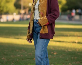 Upcycled Patchwork Button Up Cardigan Jacket | Size L/XL | Handmade Boho Retro Sweater Coat | One of a Kind Sustainable