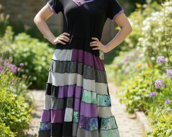 Upcycled Patchwork Maxi Dress 2X – Boho Tiered Dress in Purple, Black & Mixed Textures – Handmade Sustainable Clothing – Artsy Cottagecore