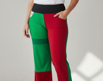 Recycled Upcycled Christmas Print Patchwork Pants with Recycled Fabrics made by S Threads size XL