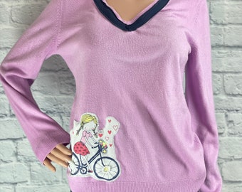 Upcycled Knit Sweater Stitched with Recycled Patchwork Girl on Bicycle One of a Kind Size S Made by S Threads