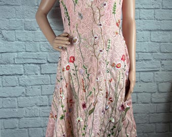 Upcycled Lace Embroidery Floral Dress Made with Recycled Patchwork One of a Kind Size L Made by S Threads