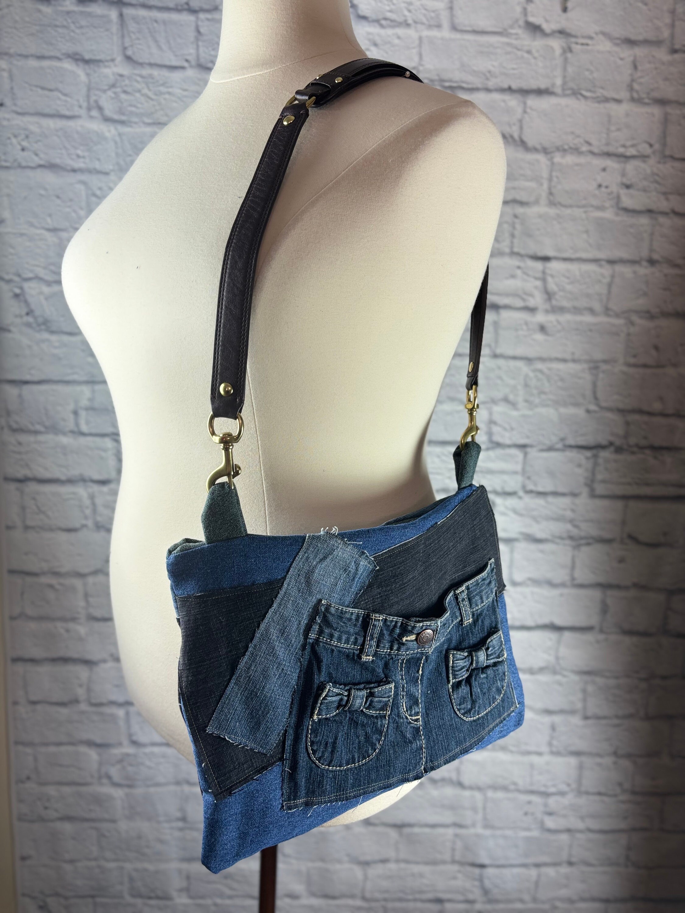 Upcycled Jean Patchwork Purse Pockets Shoulder Bag Adjustable Strap by S  Threads Boutique