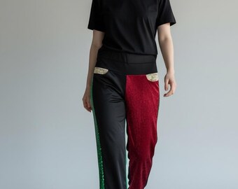 Recycled Upcycled Christmas Print Patchwork Pants with Recycled Fabrics made by S Threads size Small