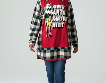 Upcycled Christmas Santa I Know Him Flannel Tshirt Mashup Top Stitched with Recycled Patchwork One of a Kind One Size made by S Threads