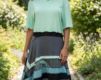 Upcycled Patchwork Midi Dress Large | Handmade Tiered Boho Dress | Reworked Vintage Clothing | Cottagecore Sustainable Fashion Dress