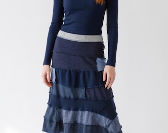 Upcycled Patchwork Asymmetric Tshirt Strips Skirt Blues Size Large Stretch Waist