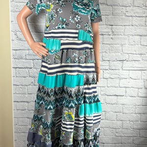 Upcycled Gray and Teel Spiral Patchwork Dress Made with Recycled Materials One of a Kind Size Small Made by S Threads