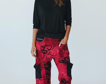 Recycled Upcycled Ruffle Pants with Recycled Fabrics Short Length made by S Threads size XL