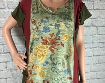 Top in stile farfalla floreale verde oliva riciclato cucito con patchwork riciclato aperto adatto alla taglia grande realizzato da S Threads