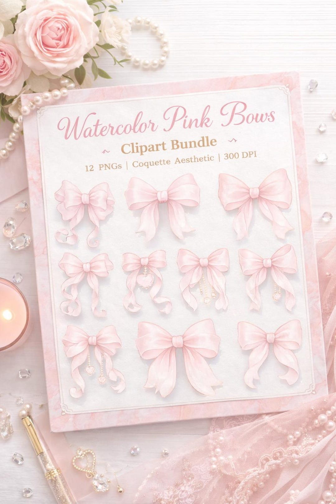 Watercolor Pink Bow Clipart – Coquette Ribbon PNG Bundle (digital ...