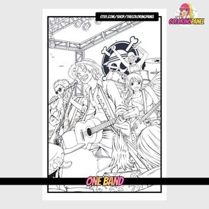 May include: Black and white line art of a band performing on stage. The lead singer plays a ukulele, while others play guitar, drums, and sing into microphones. The band's logo is visible on the drum set. Text at the top reads "etsy.com/shop/thecoloringpanel" and "ONE BAND" at the bottom.
