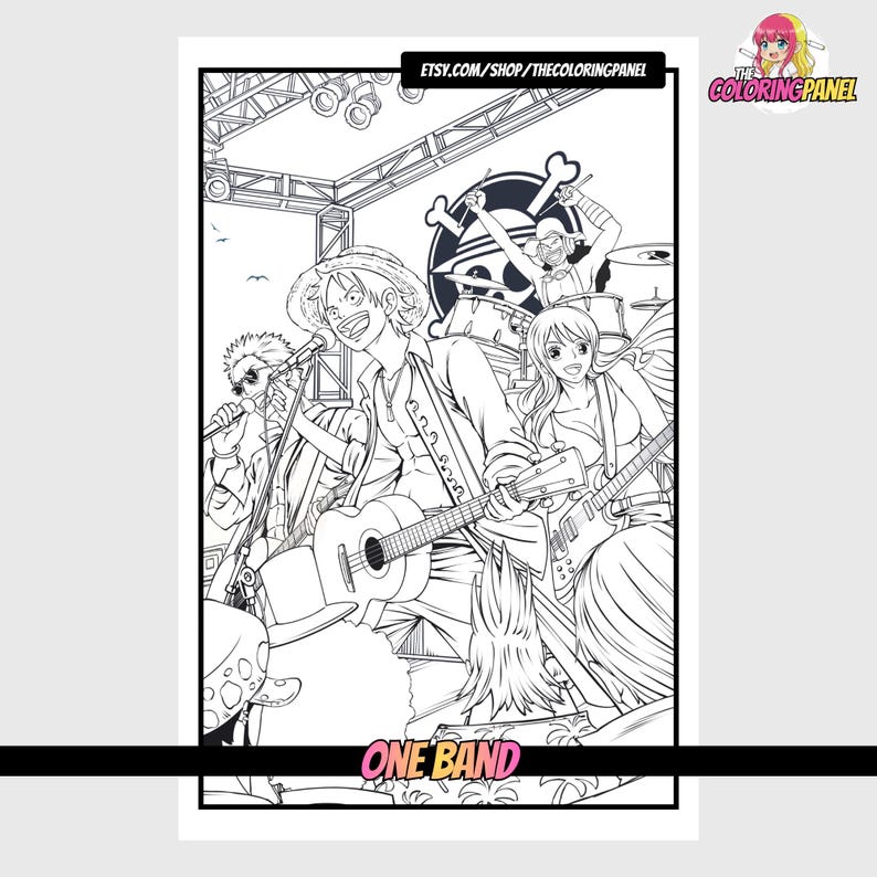 May include: Black and white line art of a band performing on stage. The lead singer plays a ukulele, while others play guitar, drums, and sing into microphones. The band's logo is visible on the drum set. Text at the top reads "etsy.com/shop/thecoloringpanel" and "ONE BAND" at the bottom.