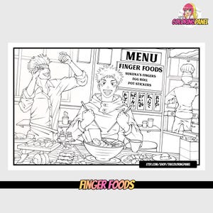 May include: Black and white line art of a restaurant scene with three characters. The menu board reads "FINGER FOODS" with options. One character is eating ramen, another is serving, and a third is cooking. The bottom banner says "FINGER FOODS".