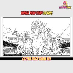 May include: Black and white line art illustration of a person riding a horse-like creature, leading a group of similar creatures. The image includes text that reads "Lunar New Year Bonus" and "Gotta Race Them All."