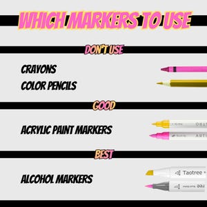 May include: A graphic with the text "WHICH MARKERS TO USE" in pink and yellow. It lists "CRAYONS" and "COLOR PENCILS" under "DON'T USE", "ACRYLIC PAINT MARKERS" under "GOOD", and "ALCOHOL MARKERS" under "BEST".